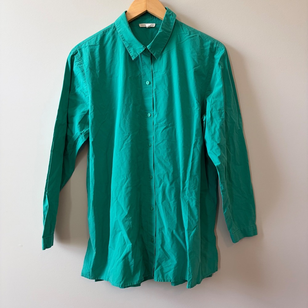 Eileen Fisher Emerald Green 100% Organic Cotton Button Down Shirt Size Large